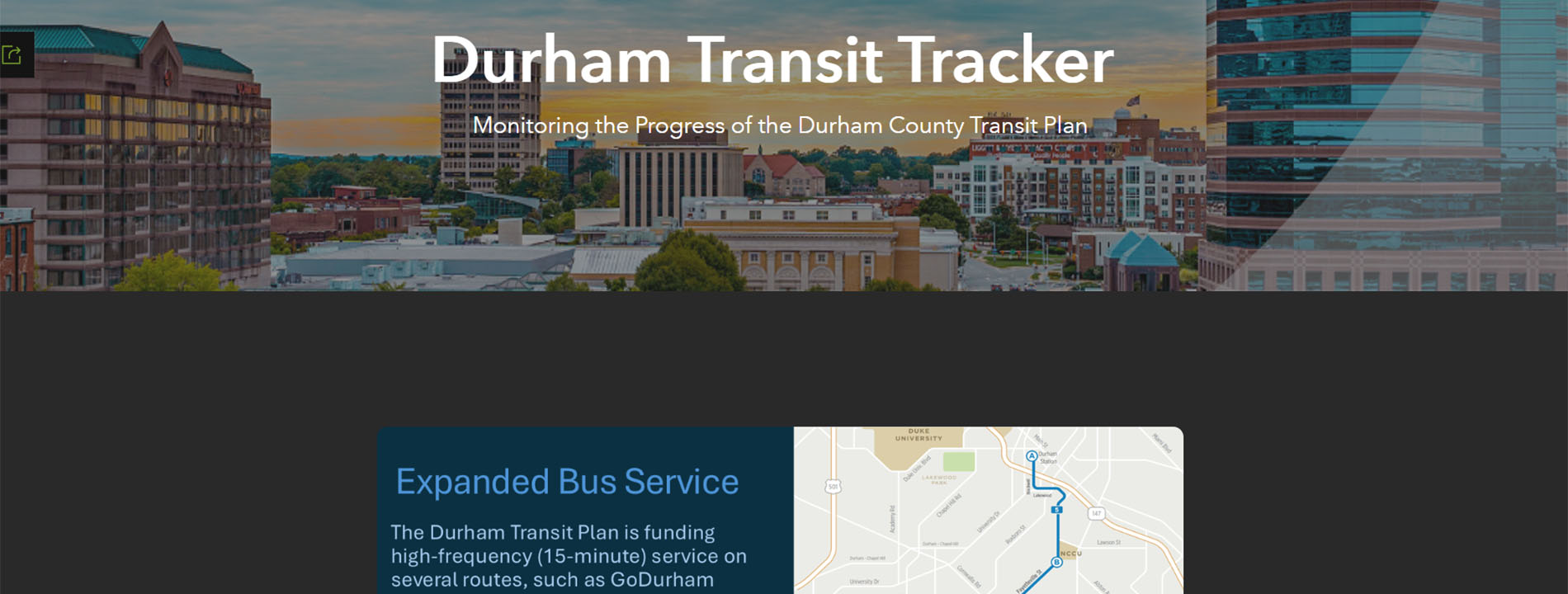 Screen capture of Durham Transit Tracker dashboard homepage